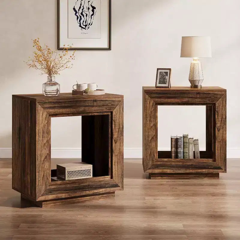 Table d'appoint de ferme rustique marron avec étagère de rangement