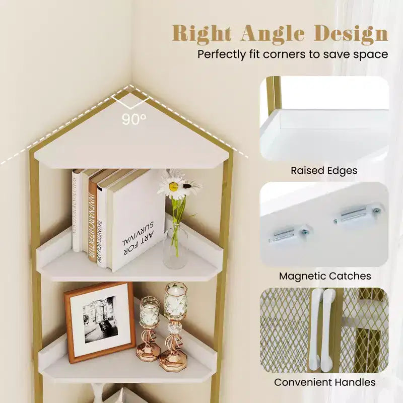 Étagère d'angle 6 niveaux marron/blanc avec placard, étagère réglable, assemblage par une seule personne