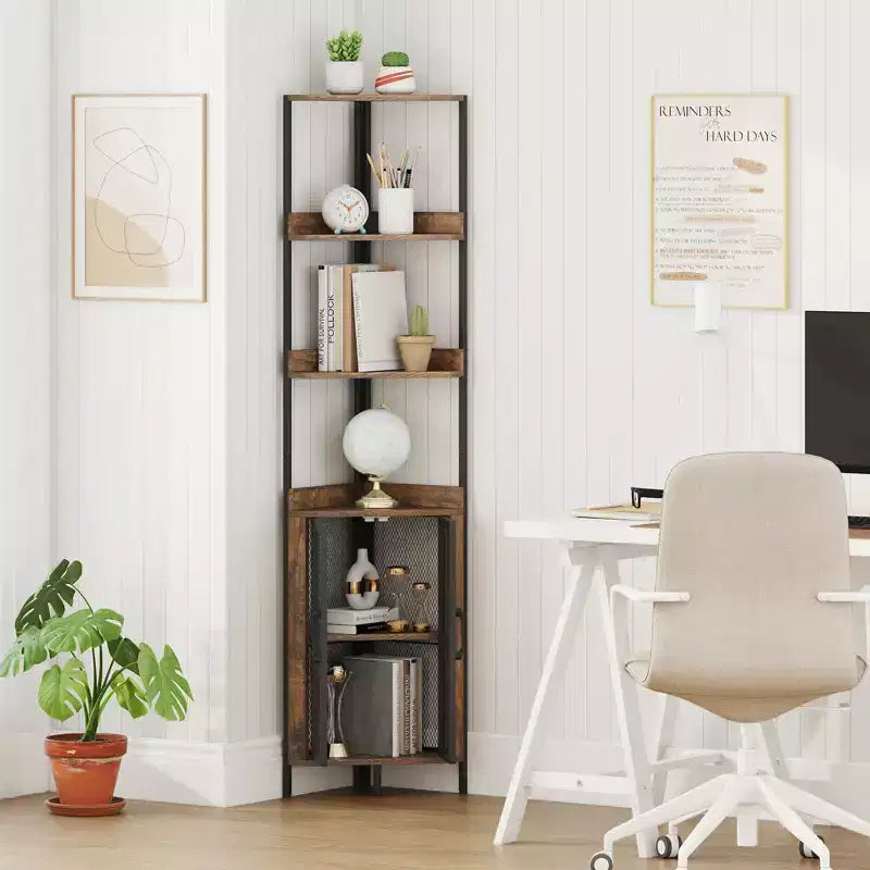 Étagère d'angle 6 niveaux marron/blanc avec placard, étagère réglable, assemblage par une seule personne