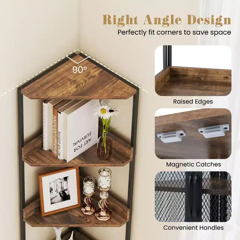 Étagère d'angle 6 niveaux marron/blanc avec placard, étagère réglable, assemblage par une seule personne