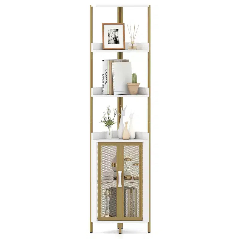 Étagère d'angle 6 niveaux marron/blanc avec placard, étagère réglable, assemblage par une seule personne