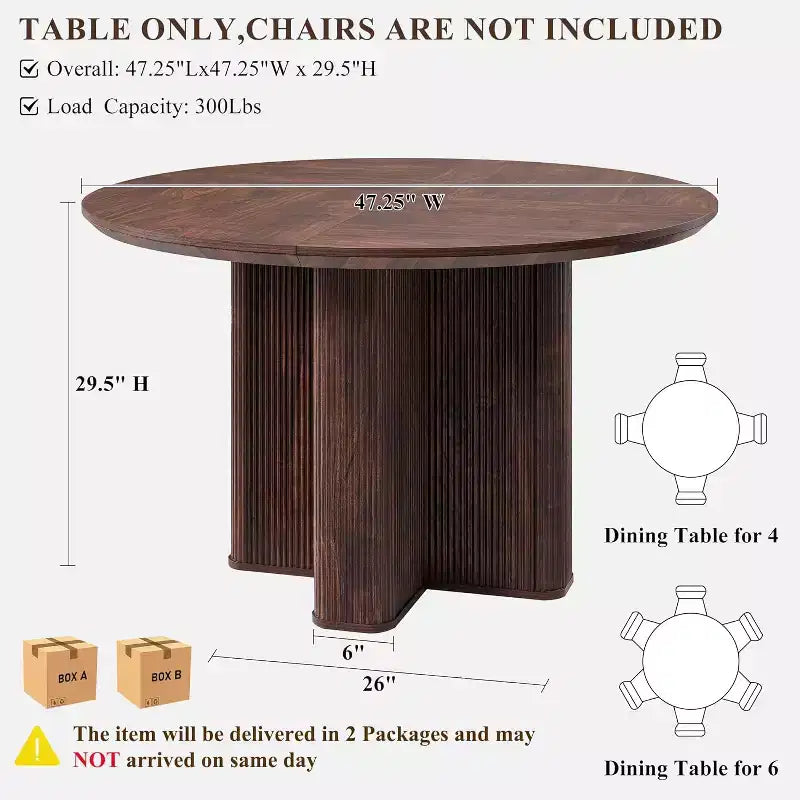 Table de cuisine moderne de 47", table à manger ronde cannelée pour 4-6 personnes, avec bord épaissi et base piédestal robuste pour salle à manger, cuisine, salon