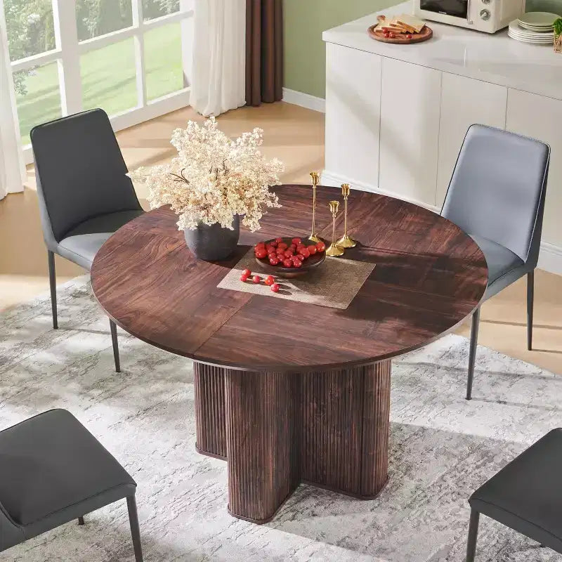 Table de cuisine moderne de 47", table à manger ronde cannelée pour 4-6 personnes, avec bord épaissi et base piédestal robuste pour salle à manger, cuisine, salon