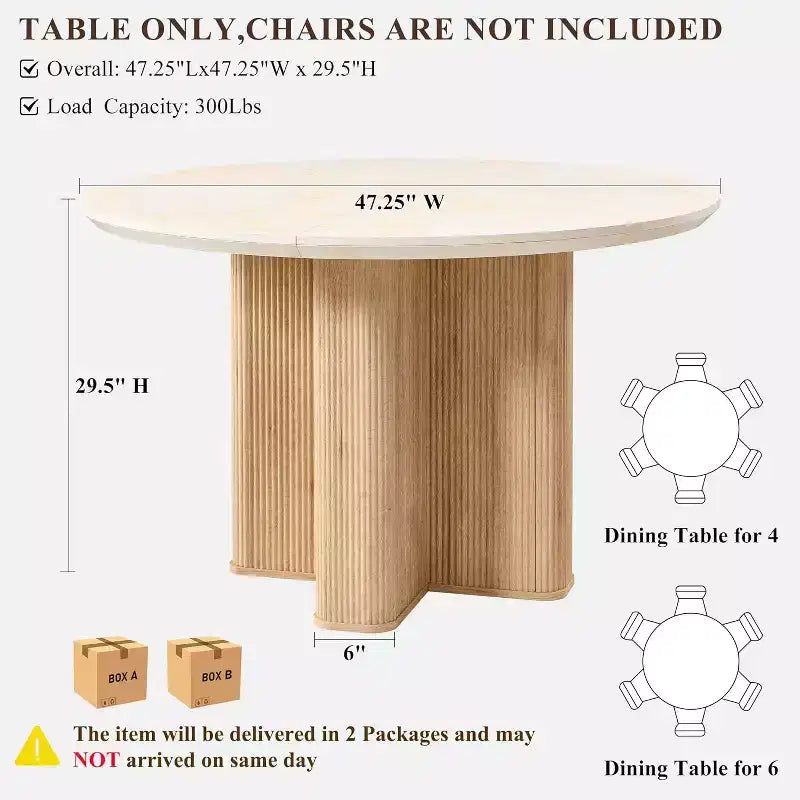 Table de cuisine moderne de 47", table à manger ronde cannelée pour 4-6 personnes, avec bord épaissi et base piédestal robuste pour salle à manger, cuisine, salon