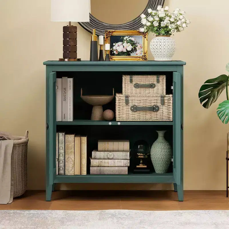 Buffet moderne 2 portes avec pieds colonnes sculptés – Teinte bois, 1 adulte