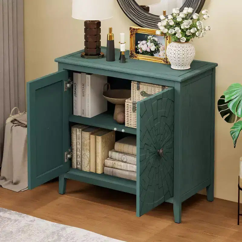 Buffet moderne 2 portes avec pieds colonnes sculptés – Teinte bois, 1 adulte