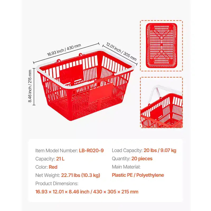 Paniers de courses rouges empilables, 21 L, lot de 20, pour 1 personne