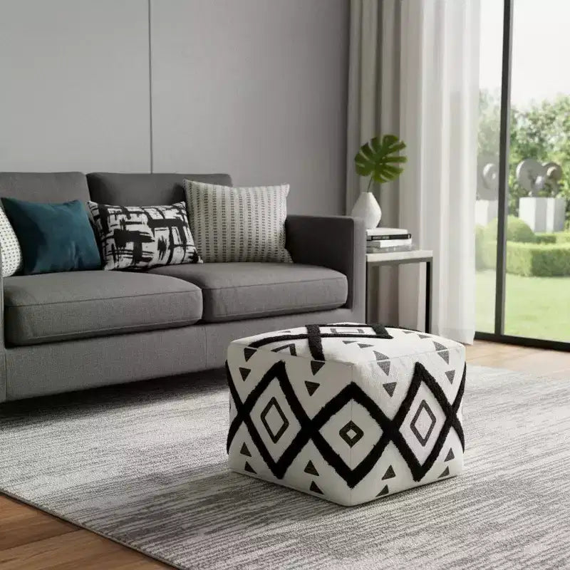 Pouf ottoman carré blanc en coton à motifs géométriques – 1 place
