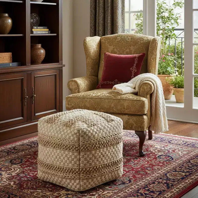 Pouf carré rayé beige – 1 personne