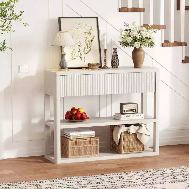 44 Entryway Console Table, 3 Tier Narrow Long Sofa Table with 2 Drawers, Wooden Fluted Behind Couch Table for Living Room, Foyer, Entrance