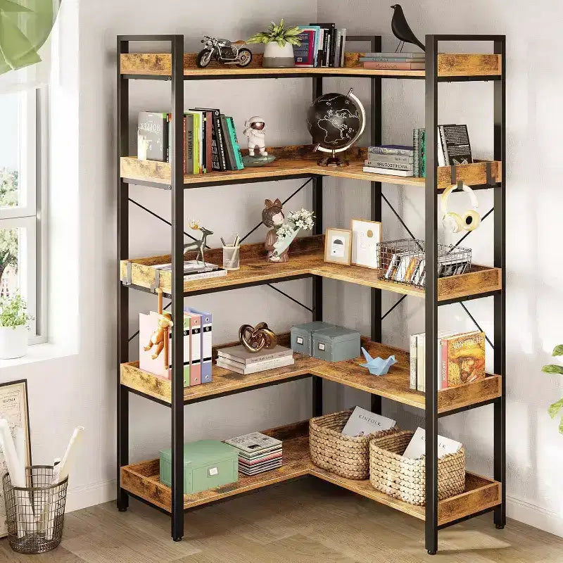 Bookshelf, Corner Bookshelf  5-Tier Deformable Metal Frame Bookcase, 14 Open Shelves Freestanding Display Rack for Living Room, Bedroom, Office