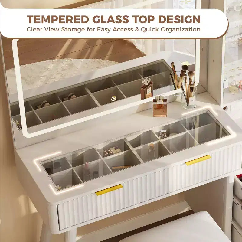Coiffeuse lumineuse en bois naturel/blanc avec plateau en verre, station de recharge et tabouret de rangement – 1 personne