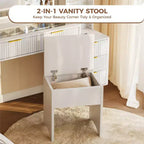 Coiffeuse lumineuse en bois naturel/blanc avec plateau en verre, station de recharge et tabouret de rangement – 1 personne