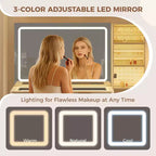 Coiffeuse lumineuse en bois naturel/blanc avec plateau en verre, station de recharge et tabouret de rangement – 1 personne