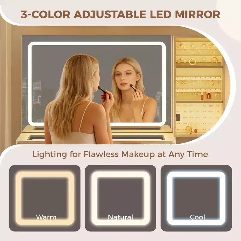 Coiffeuse lumineuse en bois naturel/blanc avec plateau en verre, station de recharge et tabouret de rangement – 1 personne