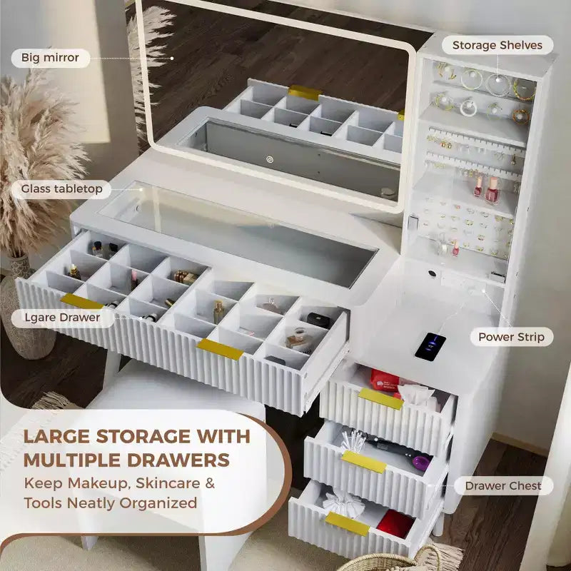 Coiffeuse lumineuse en bois naturel/blanc avec plateau en verre, station de recharge et tabouret de rangement – 1 personne