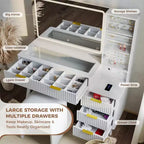 Coiffeuse lumineuse en bois naturel/blanc avec plateau en verre, station de recharge et tabouret de rangement – 1 personne