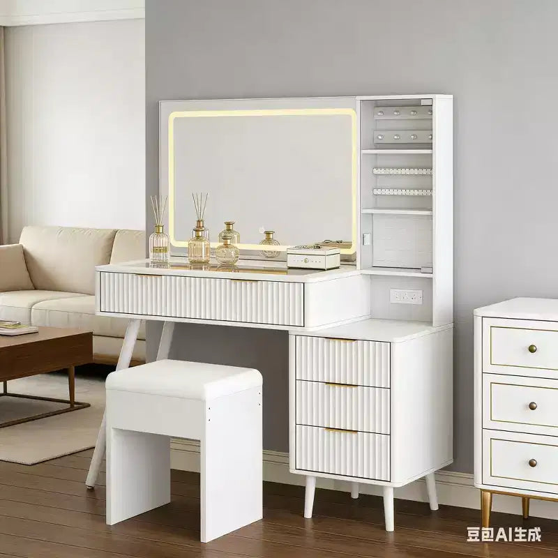 Coiffeuse lumineuse en bois naturel/blanc avec plateau en verre, station de recharge et tabouret de rangement – 1 personne