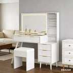 Coiffeuse lumineuse en bois naturel/blanc avec plateau en verre, station de recharge et tabouret de rangement – 1 personne