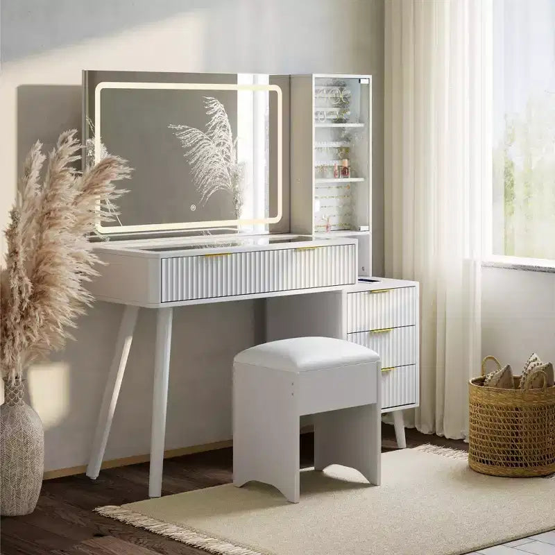 Coiffeuse lumineuse en bois naturel/blanc avec plateau en verre, station de recharge et tabouret de rangement – 1 personne