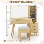 Coiffeuse lumineuse en bois naturel/blanc avec plateau en verre, station de recharge et tabouret de rangement – 1 personne