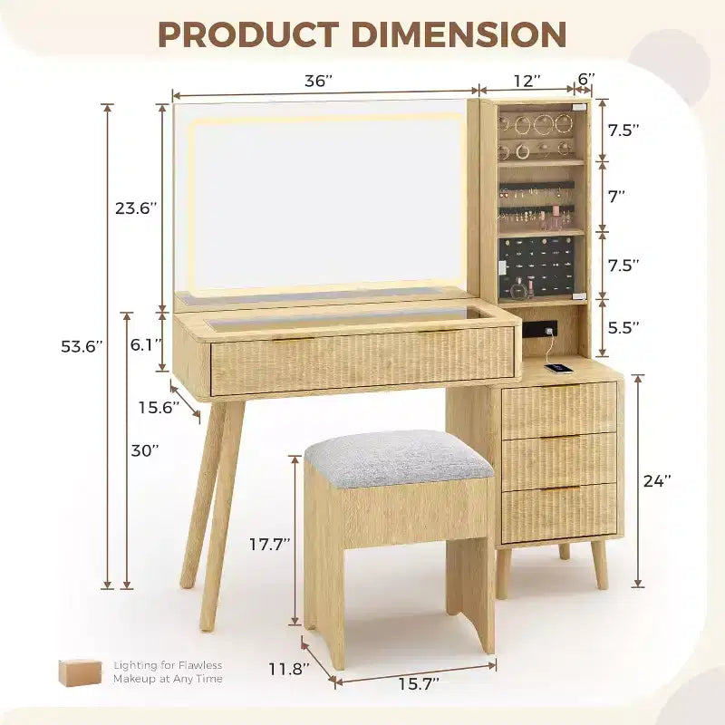 Coiffeuse lumineuse en bois naturel/blanc avec plateau en verre, station de recharge et tabouret de rangement – 1 personne