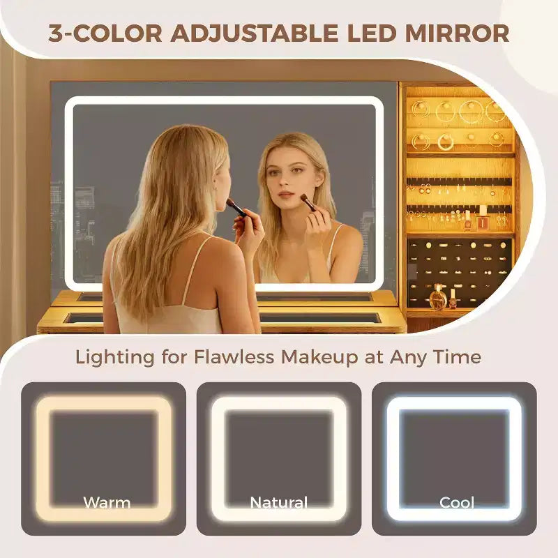 Coiffeuse lumineuse en bois naturel/blanc avec plateau en verre, station de recharge et tabouret de rangement – 1 personne