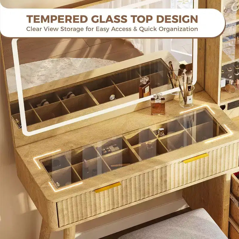Coiffeuse lumineuse en bois naturel/blanc avec plateau en verre, station de recharge et tabouret de rangement – 1 personne