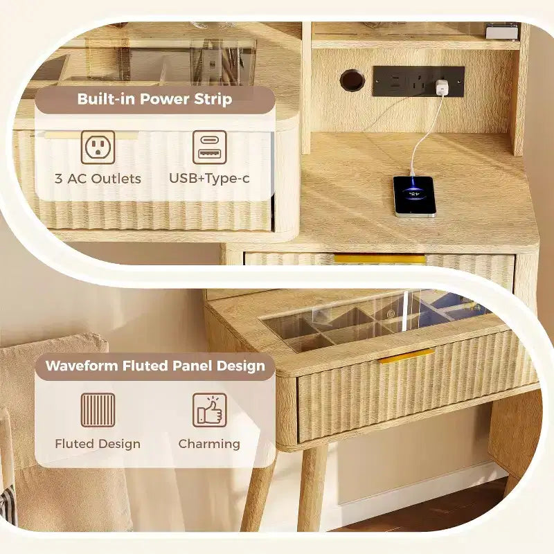Coiffeuse lumineuse en bois naturel/blanc avec plateau en verre, station de recharge et tabouret de rangement – 1 personne