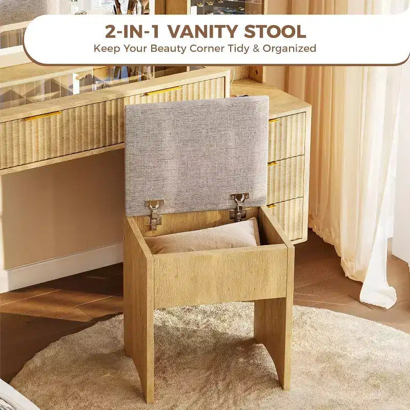 Coiffeuse lumineuse en bois naturel/blanc avec plateau en verre, station de recharge et tabouret de rangement – 1 personne