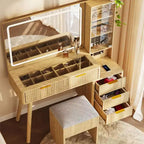 Coiffeuse lumineuse en bois naturel/blanc avec plateau en verre, station de recharge et tabouret de rangement – 1 personne