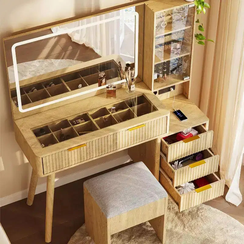 Coiffeuse lumineuse en bois naturel/blanc avec plateau en verre, station de recharge et tabouret de rangement – 1 personne