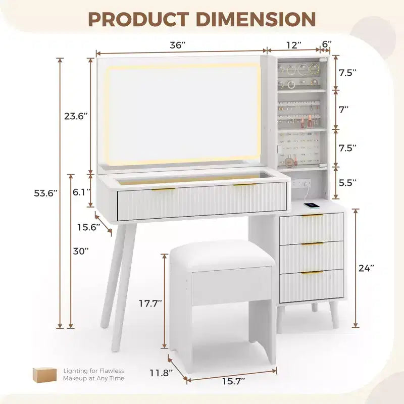 Coiffeuse lumineuse en bois naturel/blanc avec plateau en verre, station de recharge et tabouret de rangement – 1 personne