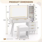 Coiffeuse lumineuse en bois naturel/blanc avec plateau en verre, station de recharge et tabouret de rangement – 1 personne