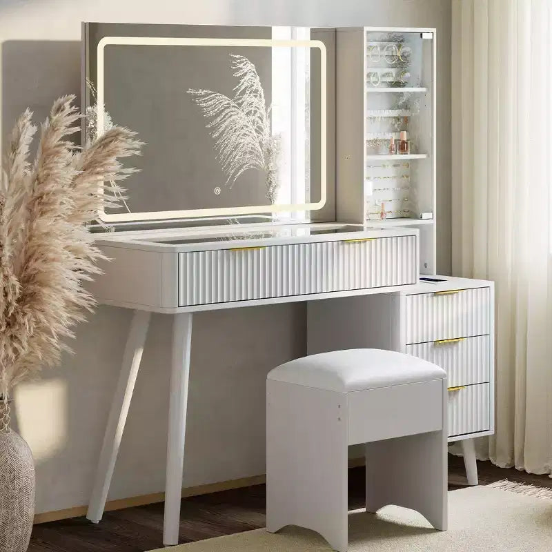 Coiffeuse lumineuse en bois naturel/blanc avec plateau en verre, station de recharge et tabouret de rangement – 1 personne