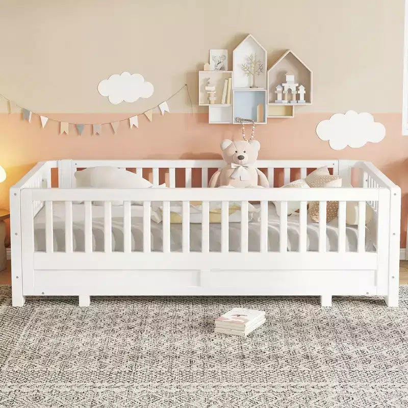 Gris / Blanc | Lit jumeau et lit jumeau XL | Lit plateforme convertible pour enfants avec barrières de sécurité | 1 à 2 utilisateurs