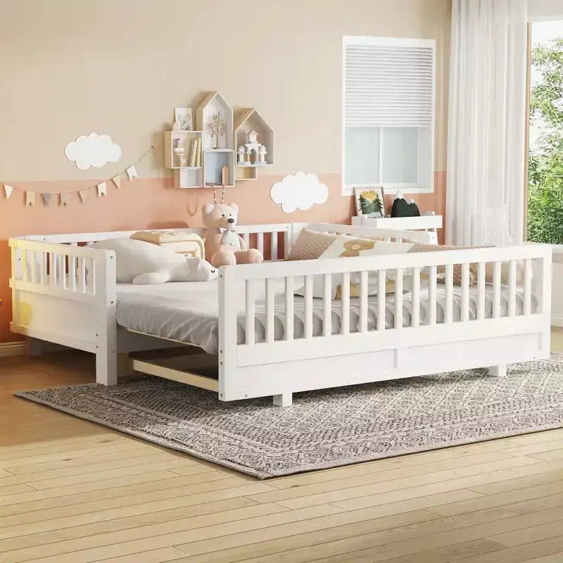 Gris / Blanc | Lit jumeau et lit jumeau XL | Lit plateforme convertible pour enfants avec barrières de sécurité | 1 à 2 utilisateurs
