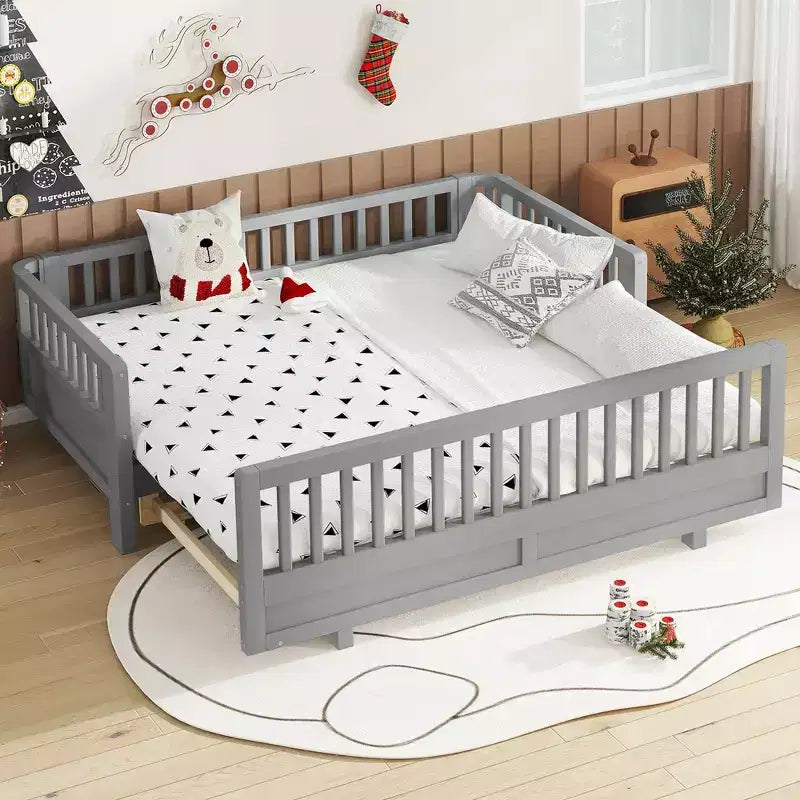 Twin/Twin XL Size Platform Bed with Guardrails, Wood Platform Bed Frame for Kids, Can Be Converted into a Double Twin Platform Bed