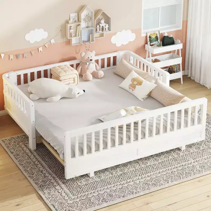 Gris / Blanc | Lit jumeau et lit jumeau XL | Lit plateforme convertible pour enfants avec barrières de sécurité | 1 à 2 utilisateurs