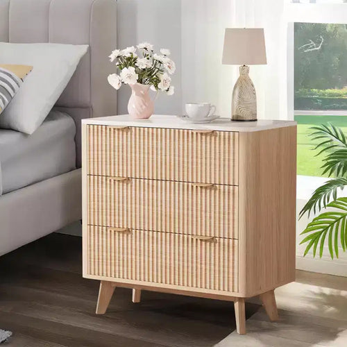 32 in Width Fluted Nightstand,Modern 3 Drawer Bedside Table with Faux Marble Top,Wood Chest of Bedside Table with Curved Profile,End Table for Bedroom