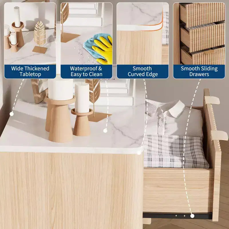 Table de chevet cannelée de 32 pouces de large, table de chevet moderne à 3 tiroirs avec plateau en faux marbre, commode en bois avec profil incurvé, table d'appoint pour chambre à coucher