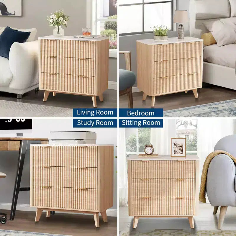 Table de chevet cannelée de 32 pouces de large, table de chevet moderne à 3 tiroirs avec plateau en faux marbre, commode en bois avec profil incurvé, table d'appoint pour chambre à coucher