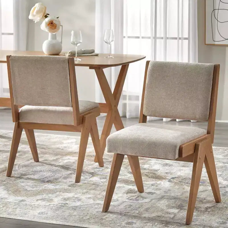 Chaise de salle à manger sans accoudoirs, lin beige / chêne clair, lot de 2