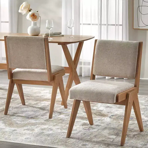 Chaise de salle à manger sans accoudoirs, lin beige / chêne clair, lot de 2